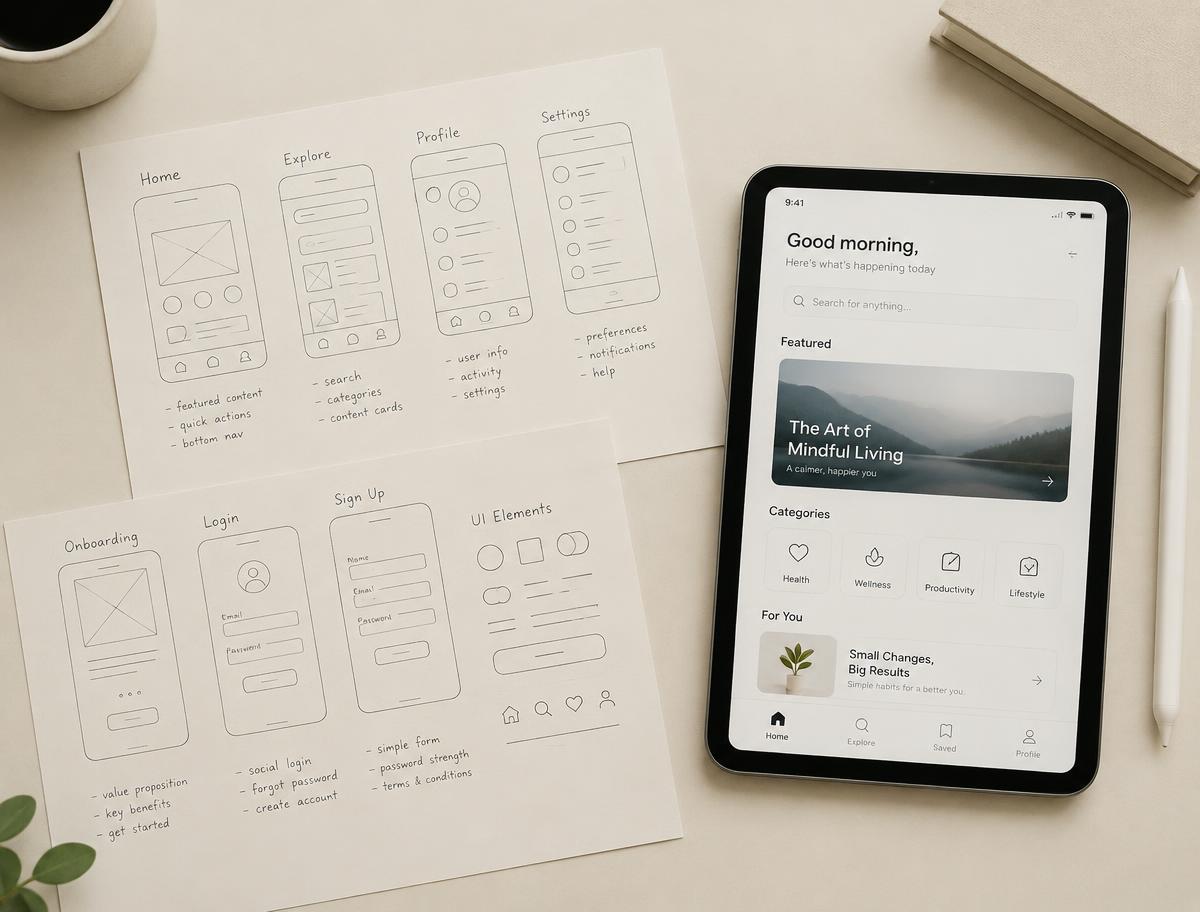 Hand-drawn mobile app wireframes on paper beside a tablet showing a finished app interface