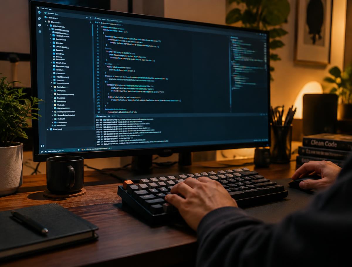Developer's hands on a keyboard in front of a monitor displaying source code in a dark editor theme