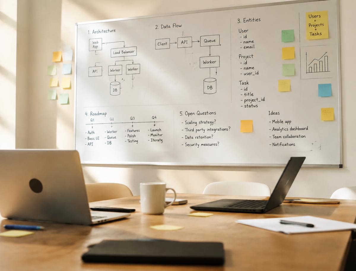 Whiteboard with system architecture and data-flow diagrams above a table with laptops